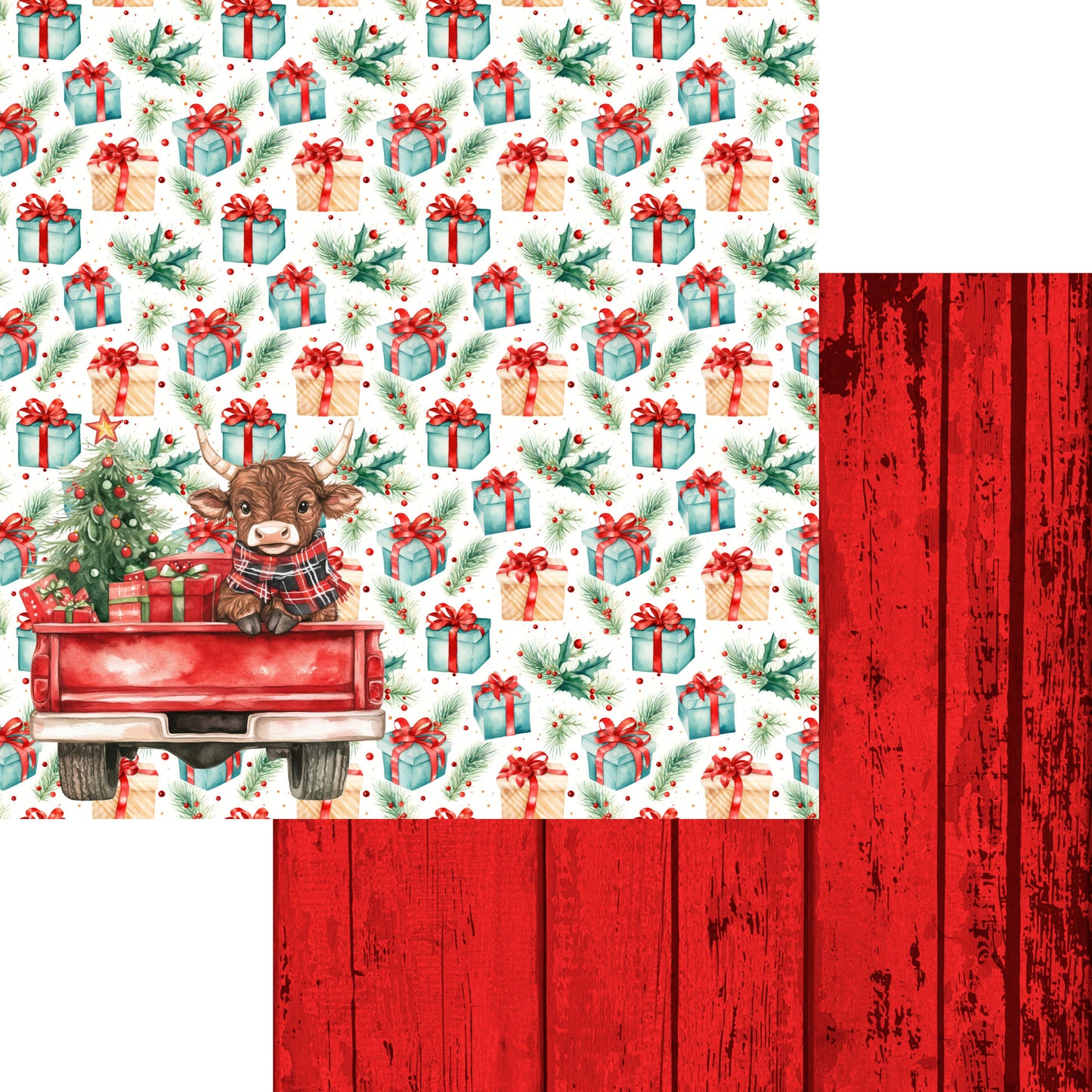 Highland Cow Christmas Collection Delivering Presents 12 x 12 Double-Sided Scrapbook Paper by SSC Designs - 15 Pack