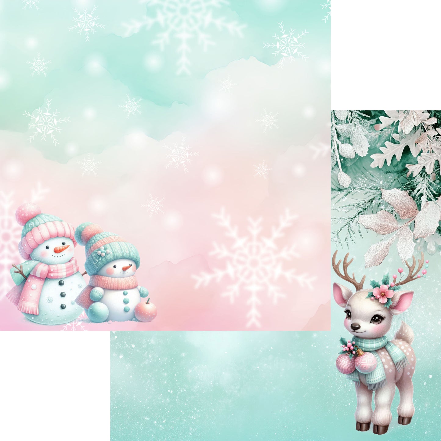 Mint Christmas Collection Snow Friends 12 x 12 Double-Sided Scrapbook Paper by SSC Designs - 15 Pack