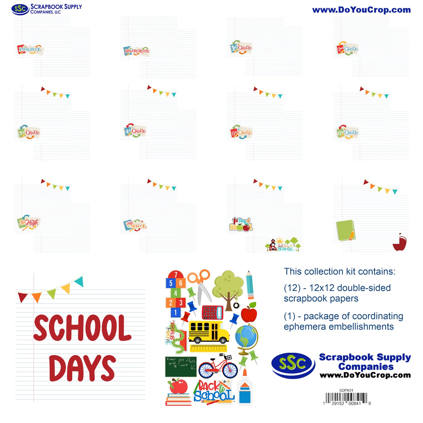 Scrapbook supply collection kit packaging with 'School Days' theme on a white background.