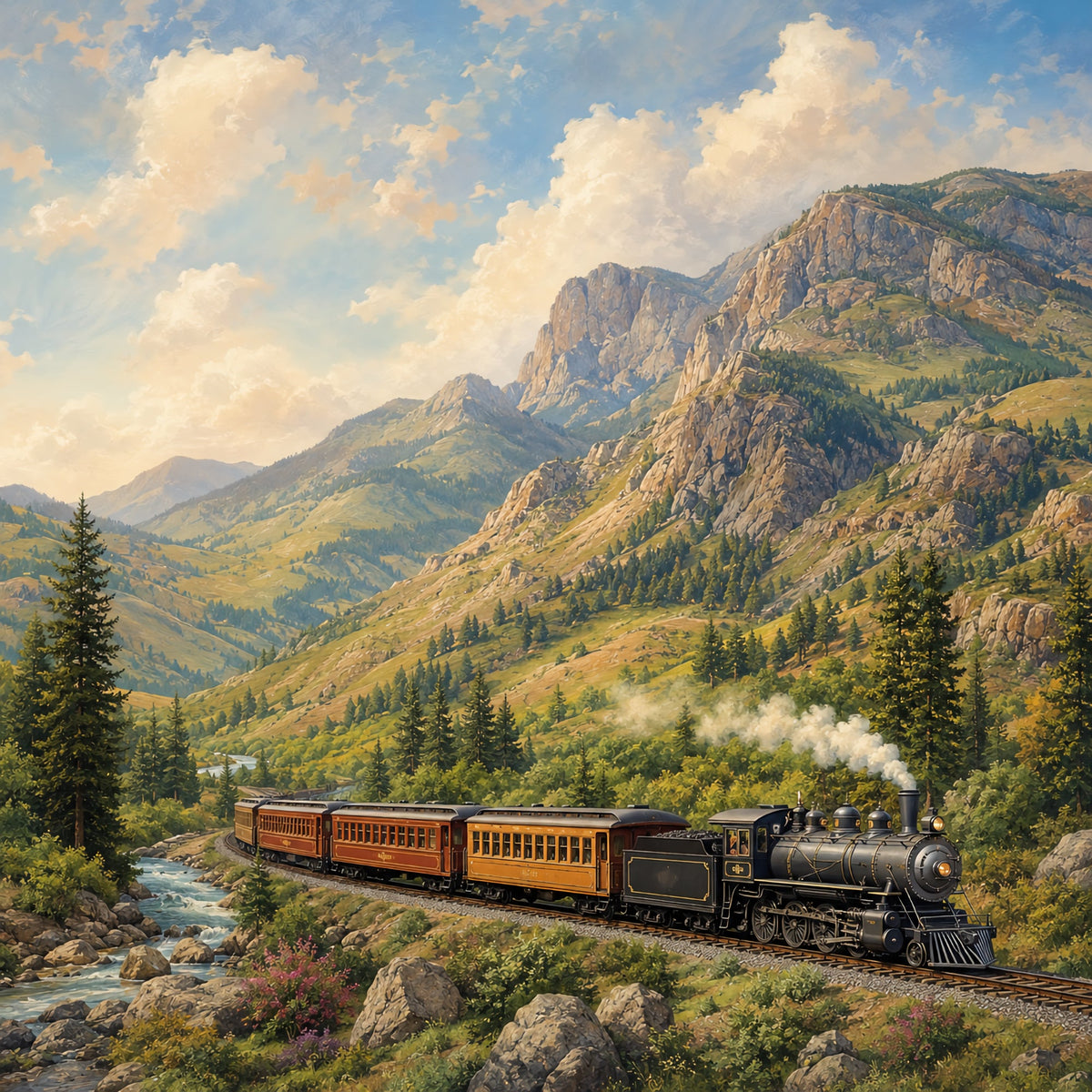 Mountain Train Railroad Tracks 12 x 12 Double-Sided Scrapbook Paper by SSC Designs - 15 Pack