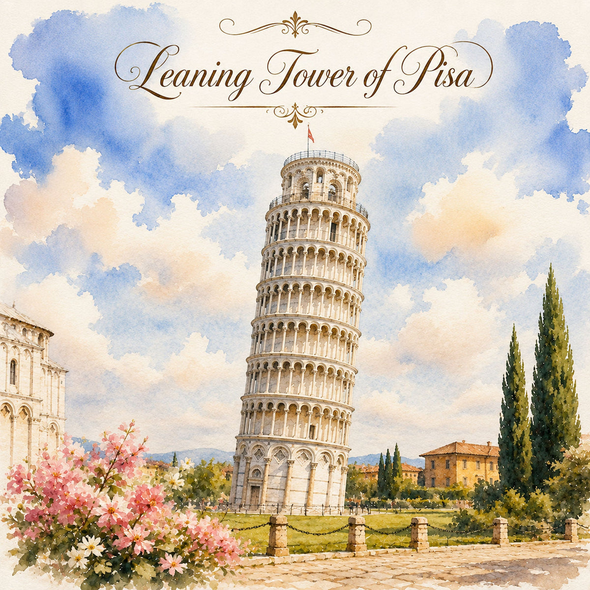 Watercolor Italy Collection Leaning Tower of Pisa 12 x 12 Double-Sided Scrapbook Paper by SSC Designs - 15 Pack
