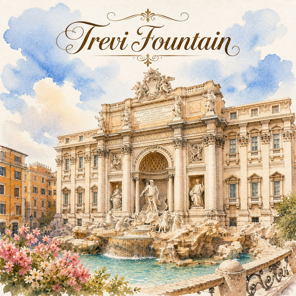 Watercolor Italy Collection Trevi Fountain 12 x 12 Double-Sided Scrapbook Paper by SSC Designs - 15 Pack