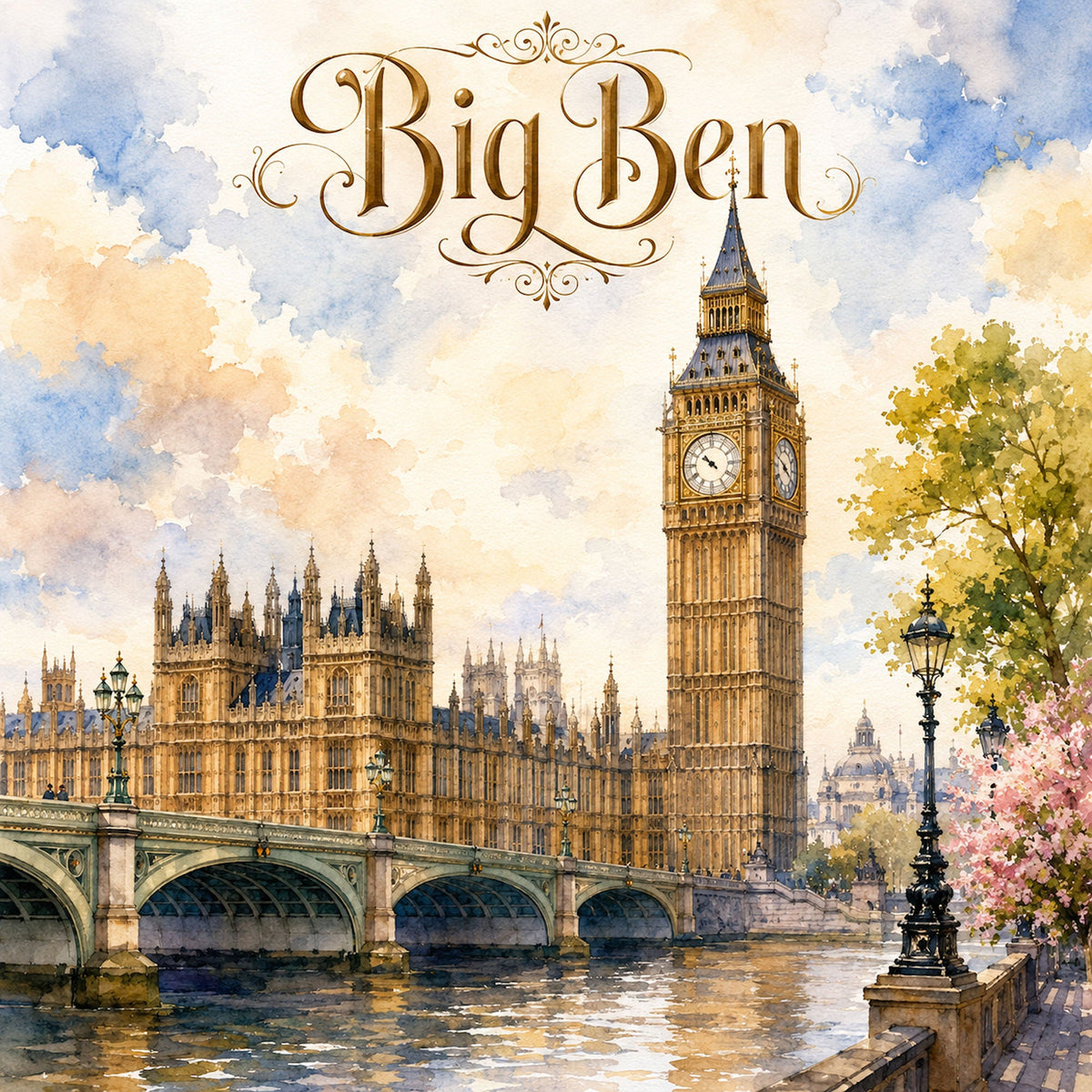 Watercolor London Collection Big Ben 12 x 12 Double-Sided Scrapbook Paper by SSC Designs - 15 Pack