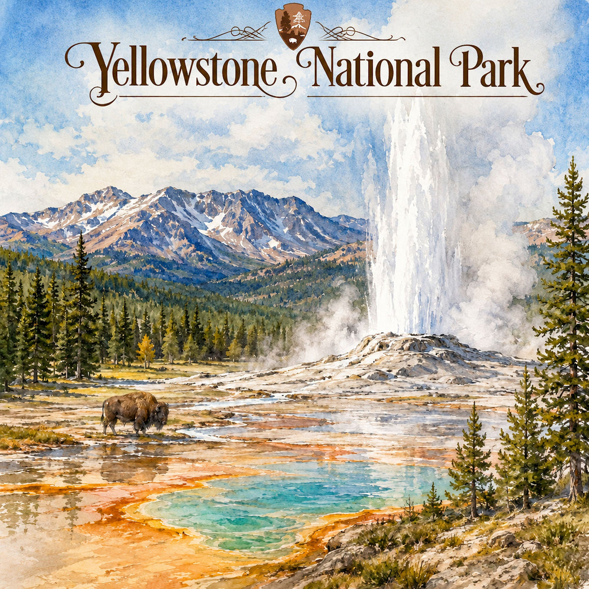 Watercolor National Parks Collection Yellowstone National Park 12 x 12 Double-Sided Scrapbook Paper by SSC Designs - 15 Pack