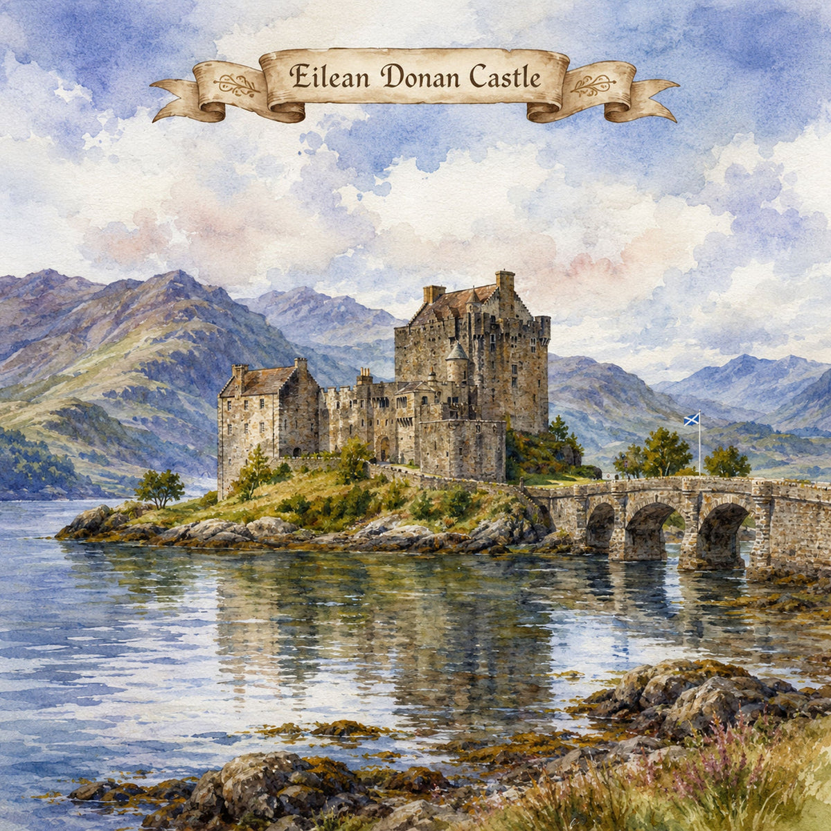 Watercolor Scotland Collection Eilean Donan Castle 12 x 12 Double-Sided Scrapbook Paper by SSC Designs - 15 Pack