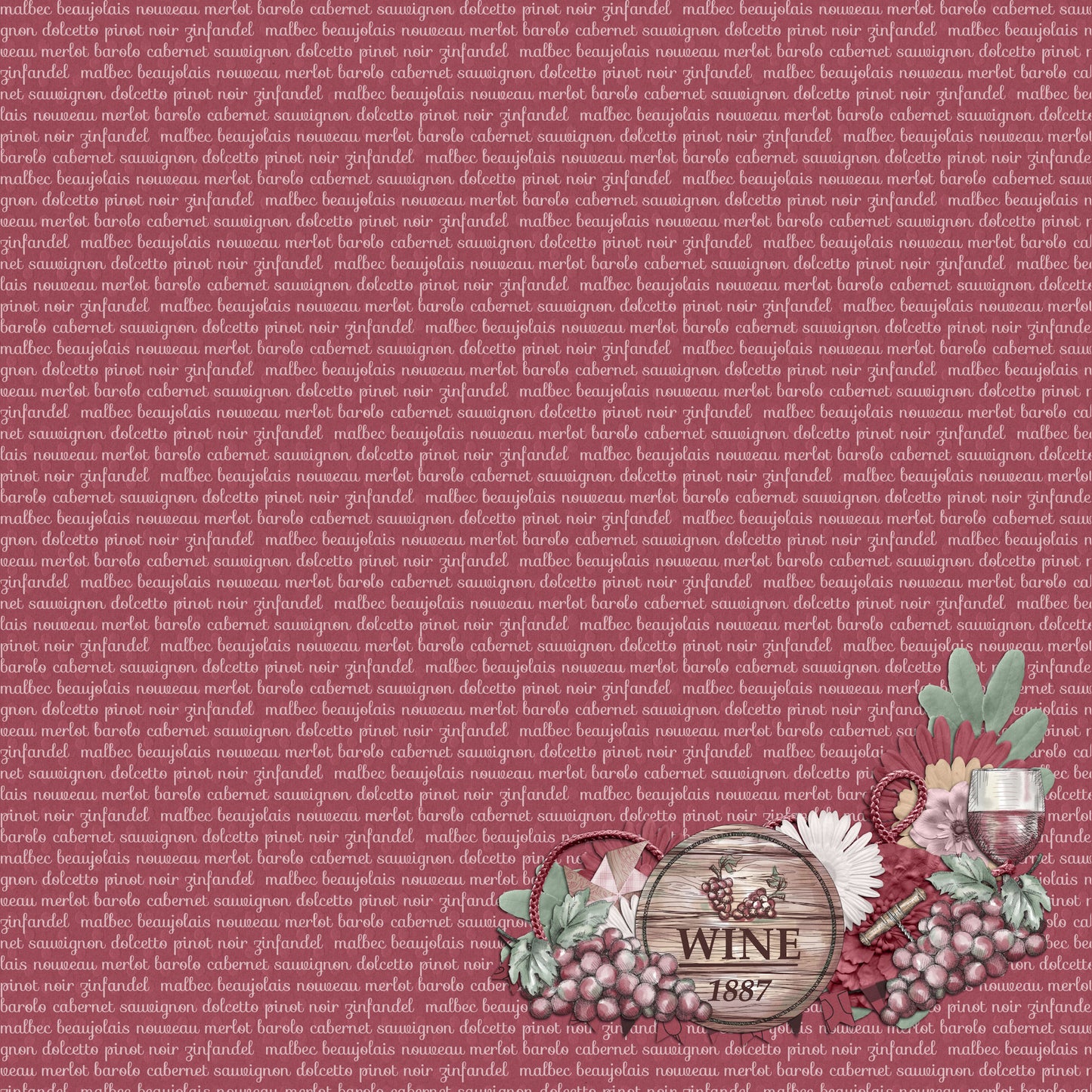 Wine Time Collection Wine Barrel 12 x 12 Double-Sided Scrapbook Paper by SSC Designs - 15 Pack