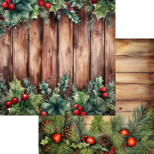 Country Christmas Watercolor Collection Holly 12 x 12 Double-Sided Scrapbook Paper by SSC Designs - 15 Pack