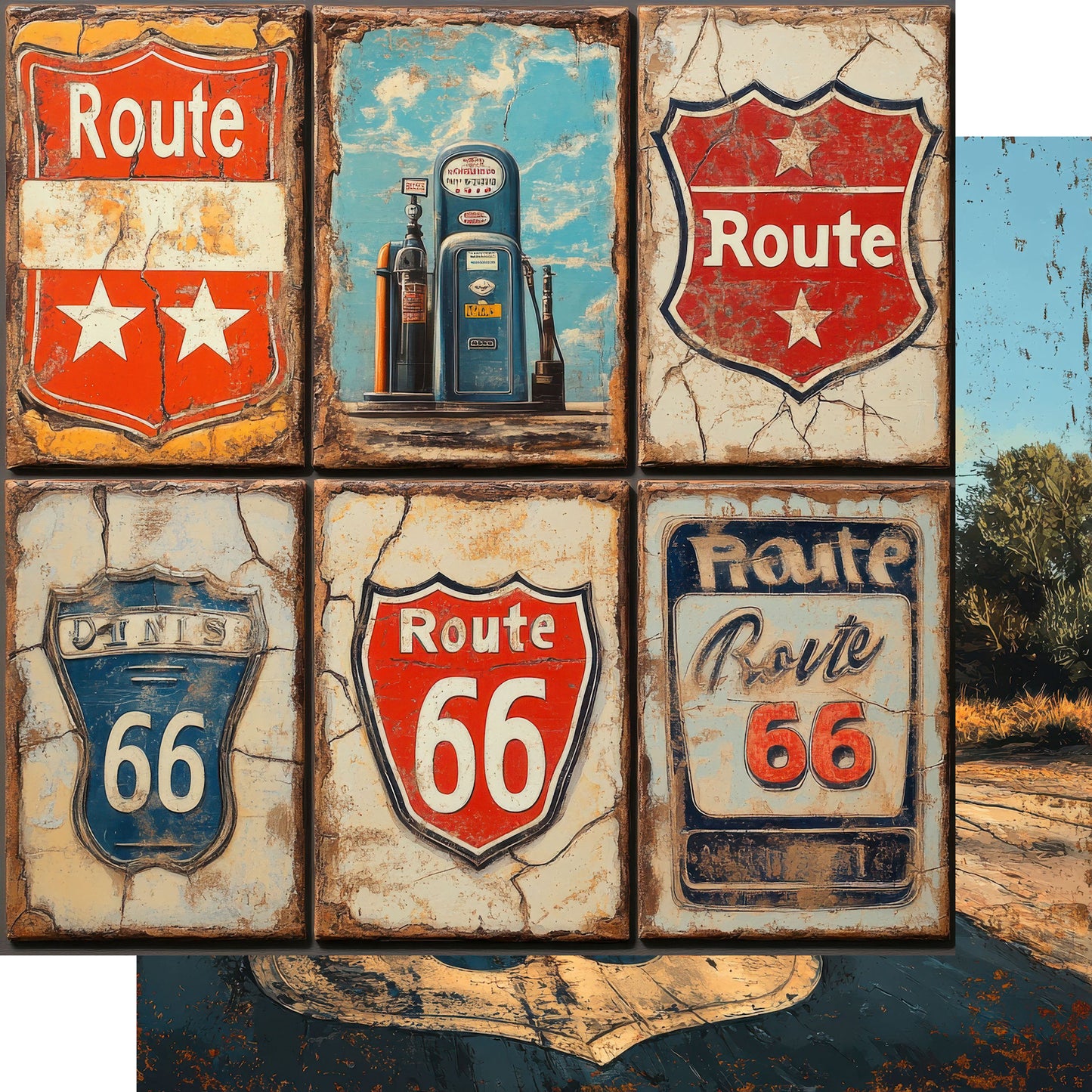 Road Trip Route 66 Collection Pit Stop Postcards 12 x 12 Double-Sided Scrapbook Paper by SSC Designs - 15 Pack