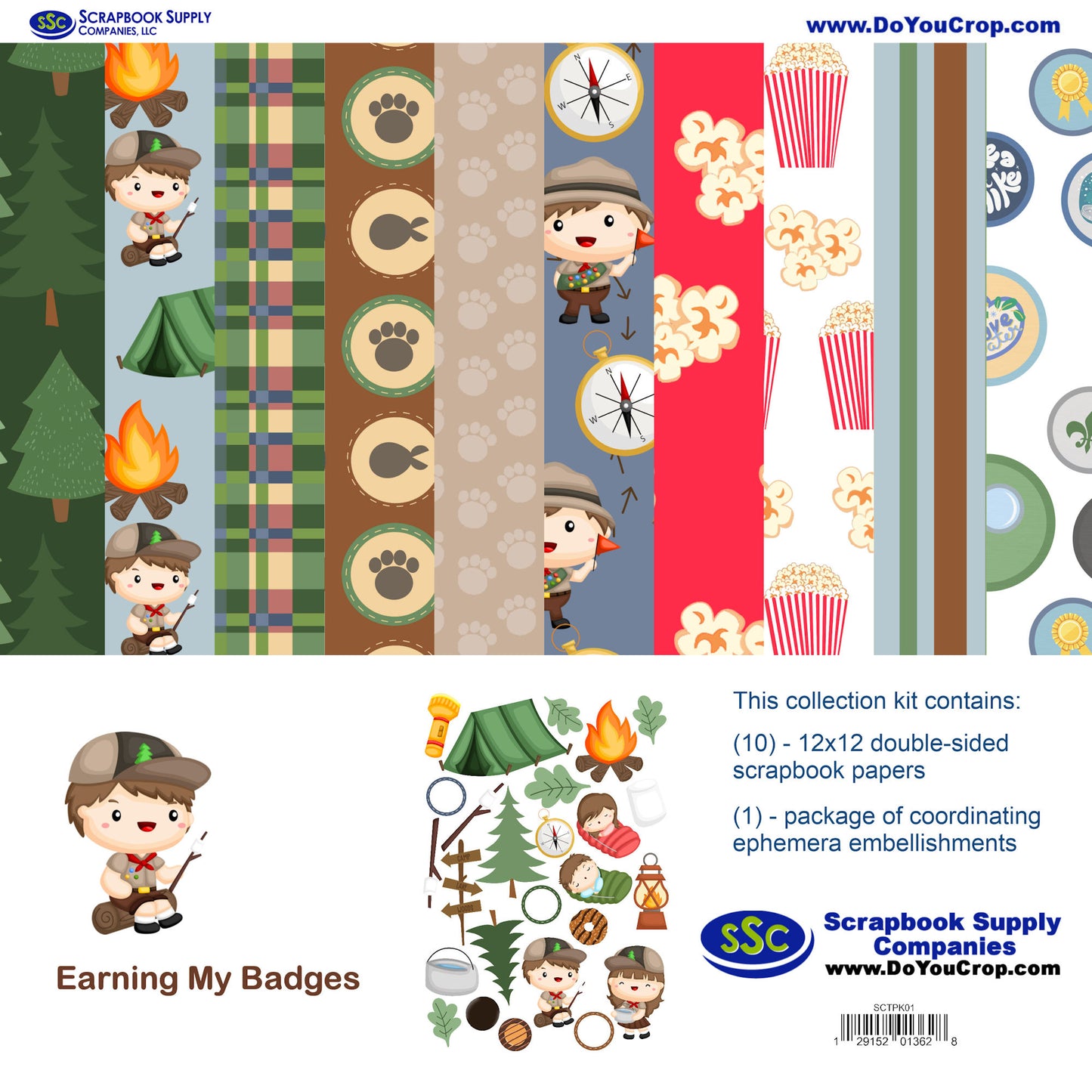 Earning My Badges Boy 12 x 12 Scrapbook Paper & Embellishment Kit by SSC Designs - 3 Kits