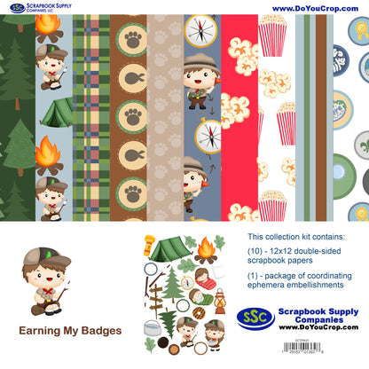 Earning My Badges Boy 12 x 12 Scrapbook Paper & Embellishment Kit by SSC Designs - 3 Kits