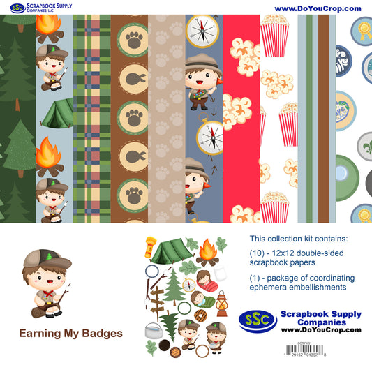 Earning My Badges Boy 12 x 12 Scrapbook Paper & Embellishment Kit by SSC Designs - 3 Kits