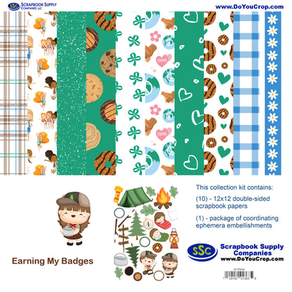Earning My Badges Girl  12 x 12 Scrapbook Paper & Embellishment Kit by SSC Designs - 3 Kits