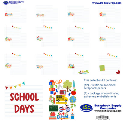 Scrapbook supply collection kit packaging with 'School Days' theme on a white background.