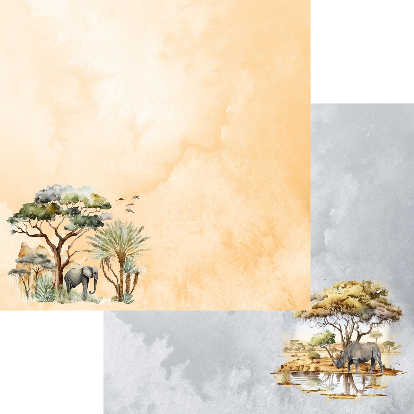 Watercolor Wildlife Collection Elephant & Rhino 12 x 12 Double-Sided Scrapbook Paper by SSC Designs - 15 Pack