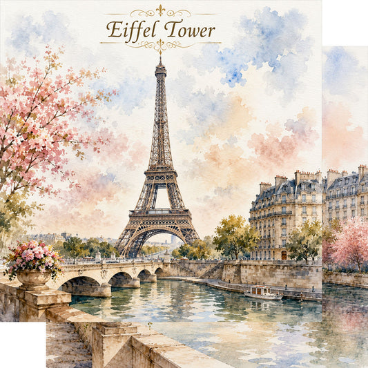Watercolor France Collection Eiffel Tower 12 x 12 Double-Sided Scrapbook Paper by SSC Designs