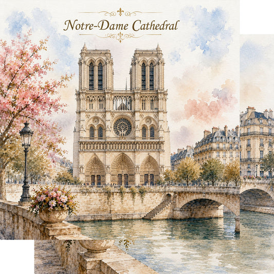 Watercolor France Collection Notre-Dame Cathedral 12 x 12 Double-Sided Scrapbook Paper by SSC Designs