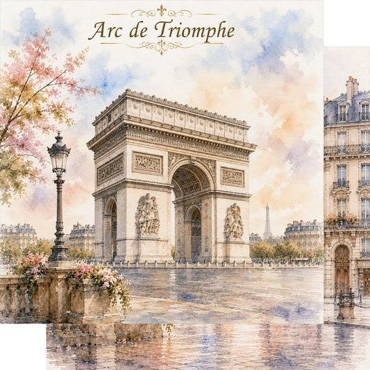 Watercolor France Collection Arc de Triomphe 12 x 12 Double-Sided Scrapbook Paper by SSC Designs