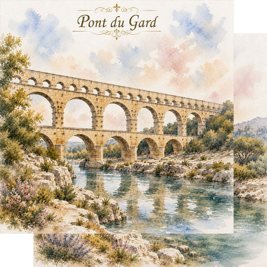 Watercolor France Collection Pont du Gard 12 x 12 Double-Sided Scrapbook Paper by SSC Designs