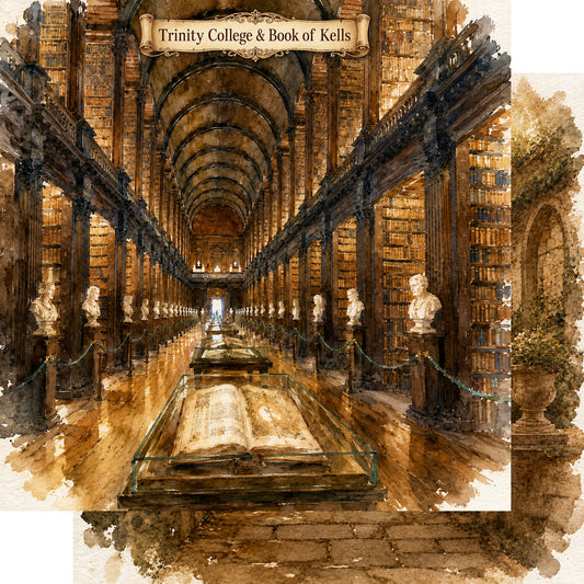 Watercolor Ireland Collection Trinity College & Book of Kells 12 x 12 Double-Sided Scrapbook Paper by SSC Designs