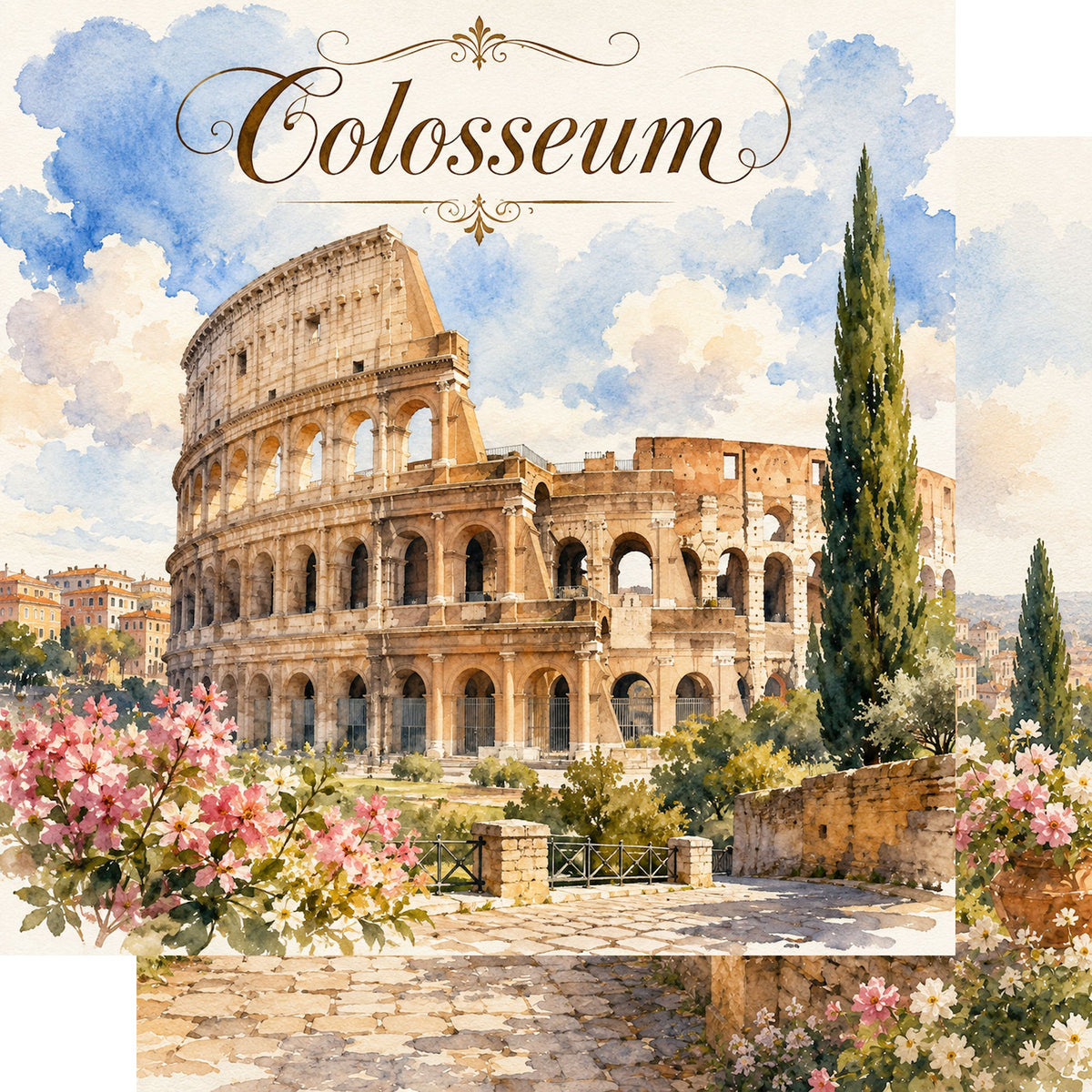Watercolor Italy Collection Colosseum 12 x 12 Double-Sided Scrapbook Paper by SSC Designs