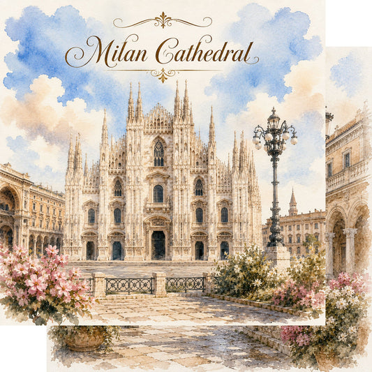Watercolor Italy Collection Milan Cathedral 12 x 12 Double-Sided Scrapbook Paper by SSC Designs