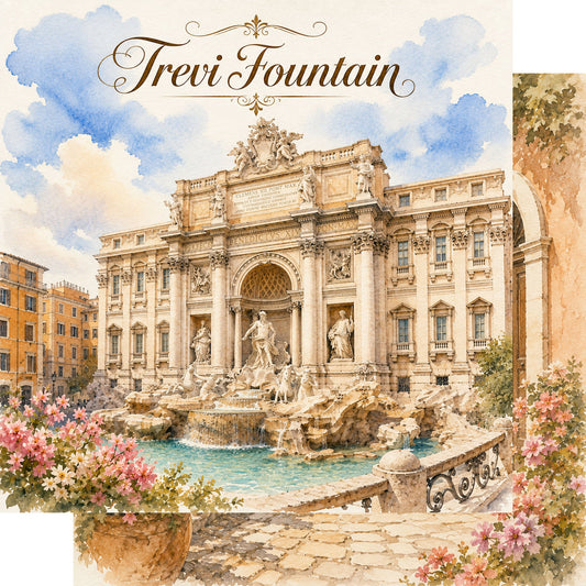 Watercolor Italy Collection Trevi Fountain 12 x 12 Double-Sided Scrapbook Paper by SSC Designs