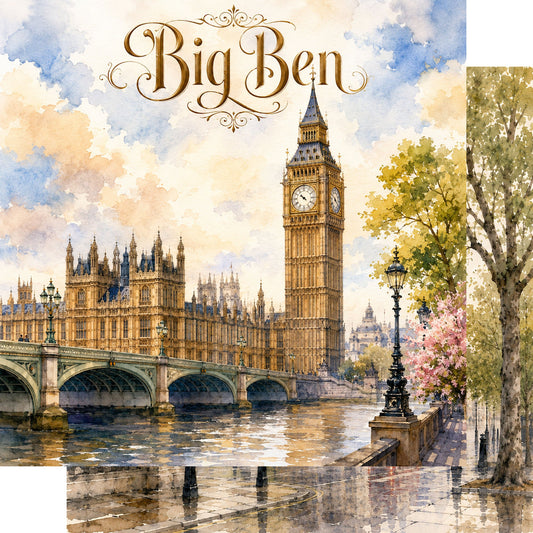 Watercolor London Collection Big Ben 12 x 12 Double-Sided Scrapbook Paper by SSC Designs