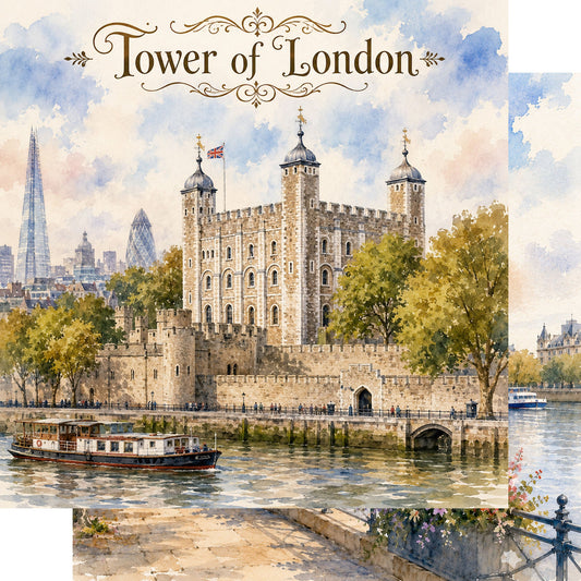 Watercolor London Collection Tower of London 12 x 12 Double-Sided Scrapbook Paper by SSC Designs