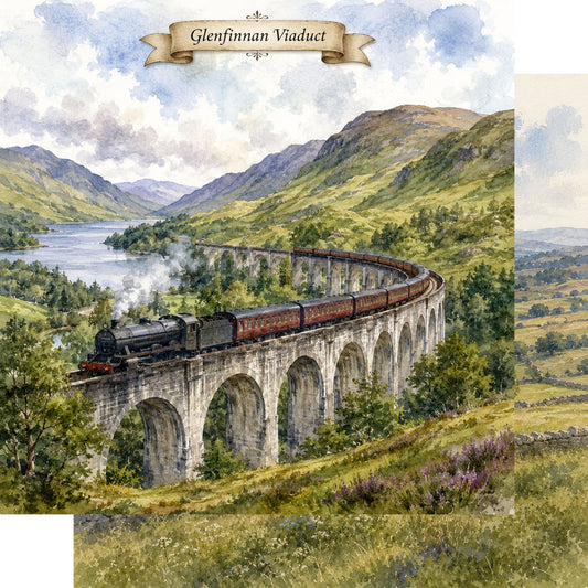 Watercolor Scotland Collection Glenfinnan Viaduct 12 x 12 Double-Sided Scrapbook Paper by SSC Designs