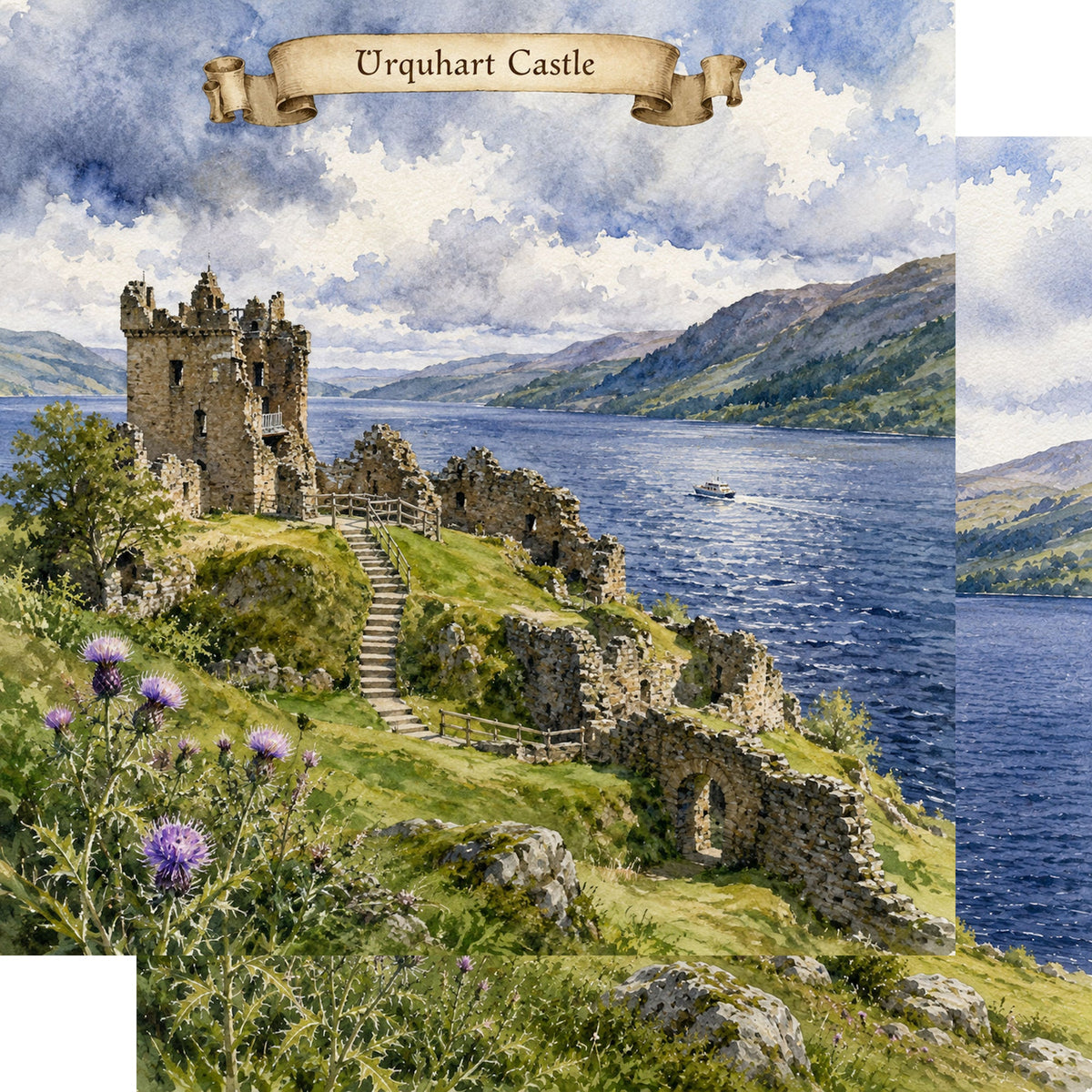 Watercolor Scotland Collection Urquhart Castle 12 x 12 Double-Sided Scrapbook Paper by SSC Designs