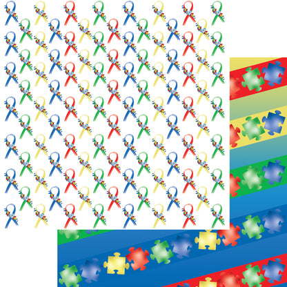 Autism Au-Some Collection Puzzle Ribbon 12 x 12 Double-Sided Scrapbook Paper - 15 Pack