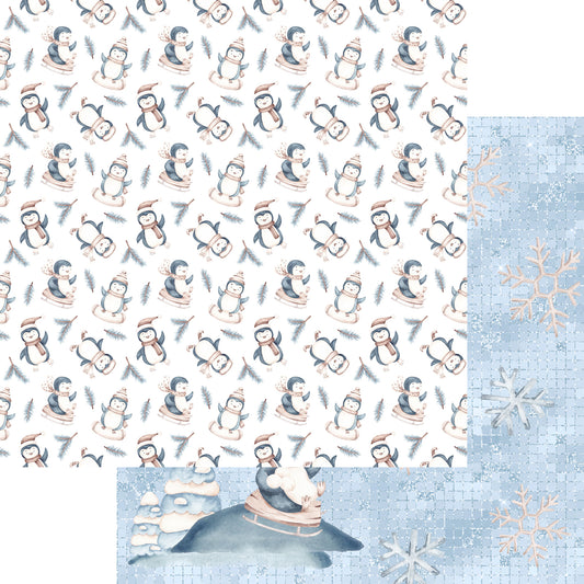 Winter Penguins Collection Sledding 12 x 12 Double-Sided Scrapbook Paper - 15 Pack